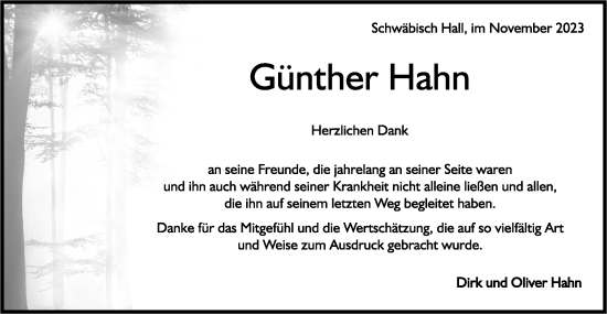 Traueranzeige von Günther Hahn von Haller Tagblatt