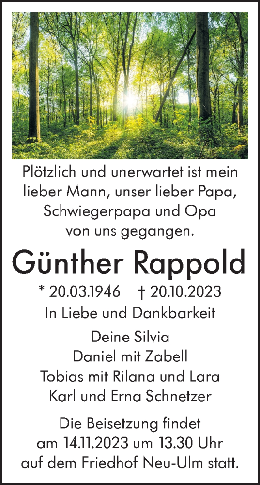 Traueranzeige von Günther Rappold von SÜDWEST PRESSE Ausgabe Ulm/Neu-Ulm