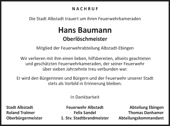 Traueranzeige von Hans Baumann von SÜDWEST PRESSE