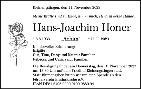 Traueranzeige von Hans-Joachim Honer von Alb-Bote/Metzinger-Uracher Volksblatt