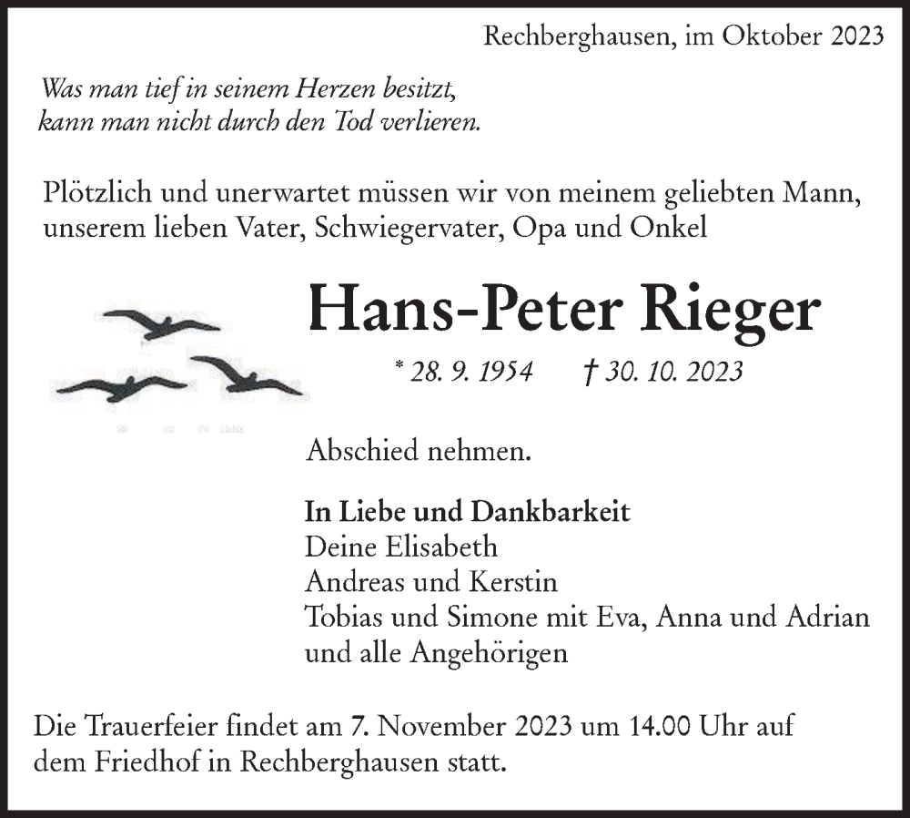  Traueranzeige für Hans-Peter Rieger vom 03.11.2023 aus NWZ Neue Württembergische Zeitung