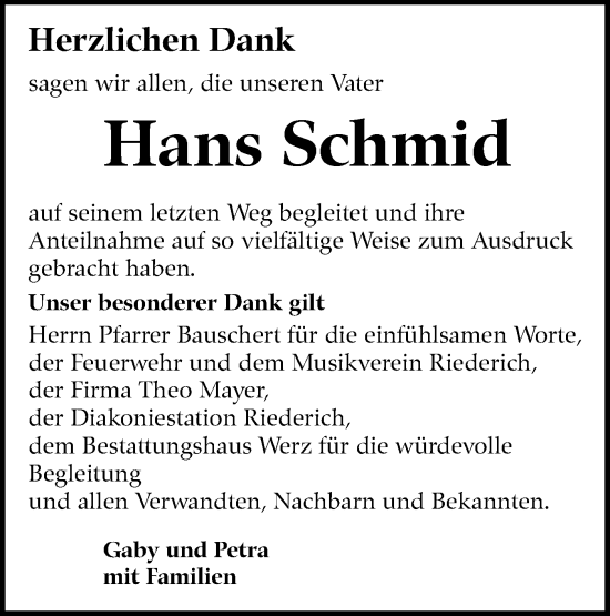 Traueranzeige von Hans Schmid von SÜDWEST PRESSE/SÜDWEST PRESSE