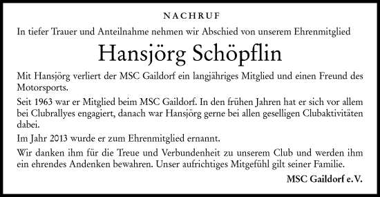 Traueranzeige von Hansjörg Schöpflin von Rundschau Gaildorf