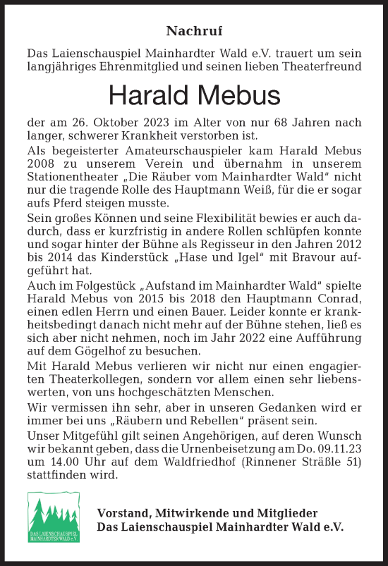 Traueranzeige von Harald Mebus von Haller Tagblatt