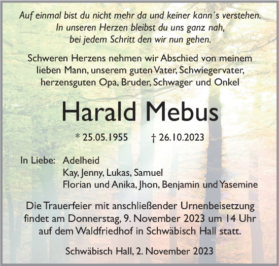 Traueranzeige von Harald Mebus von Haller Tagblatt