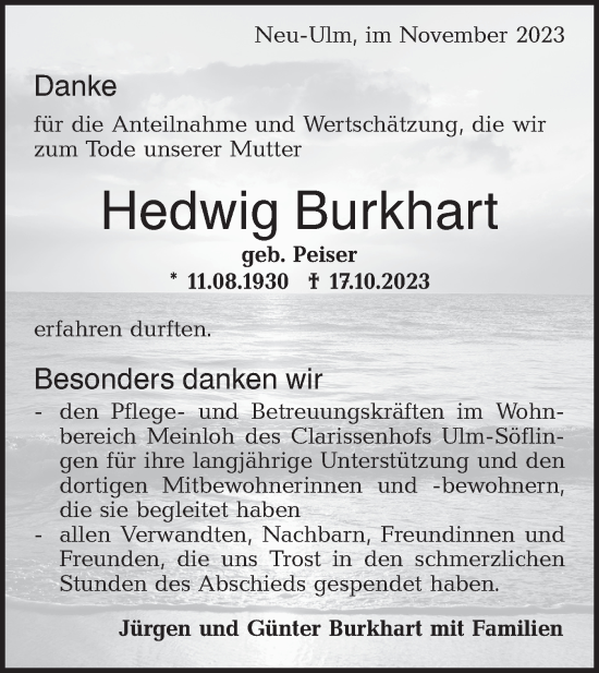 Traueranzeige von Hedwig Burkhart von SÜDWEST PRESSE Ausgabe Ulm/Neu-Ulm