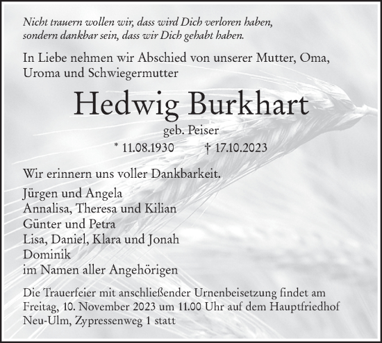 Traueranzeige von Hedwig Burkhart von SÜDWEST PRESSE Ausgabe Ulm/Neu-Ulm