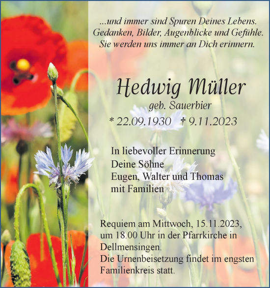 Traueranzeige von Hedwig Müller von SÜDWEST PRESSE Ausgabe Ulm/Neu-Ulm