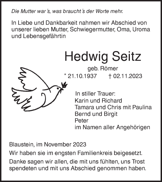 Traueranzeige von Hedwig Seitz von SÜDWEST PRESSE Ausgabe Ulm/Neu-Ulm