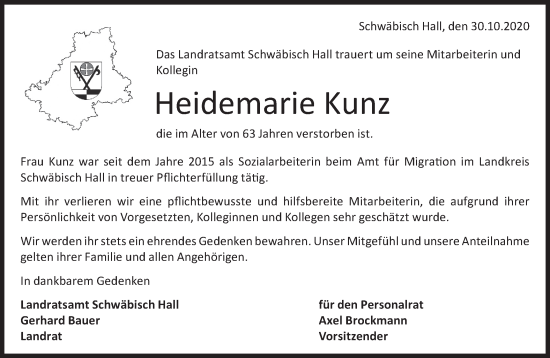 Traueranzeige von Heidemarie Kunz von Haller Tagblatt