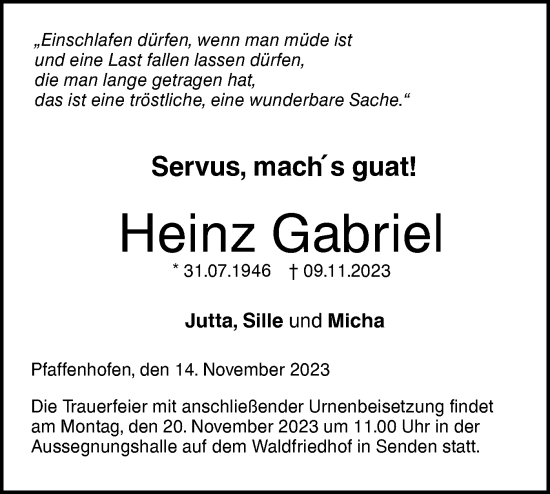 Traueranzeige von Heinz Gabriel von SÜDWEST PRESSE Ausgabe Ulm/Neu-Ulm