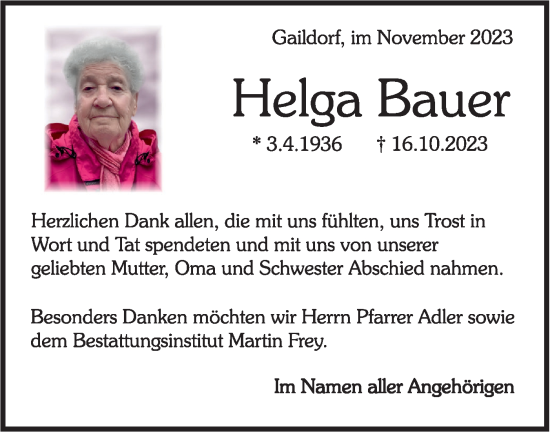 Traueranzeige von Helga Bauer von Rundschau Gaildorf