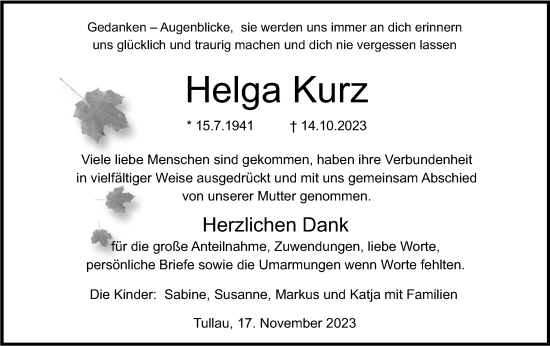 Traueranzeige von Helga Kurz von Haller Tagblatt