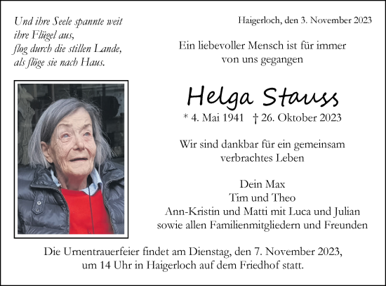 Traueranzeige von Helga Stauss von Hohenzollerische Zeitung