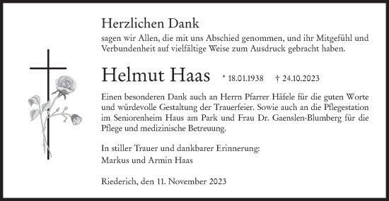 Traueranzeige von Helmut Haas von SÜDWEST PRESSE/SÜDWEST PRESSE