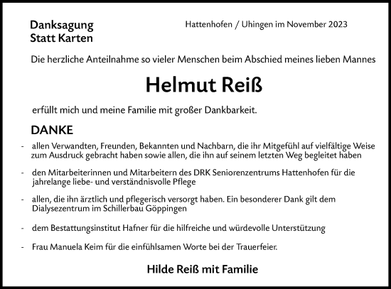 Traueranzeige von Helmut Reiß von NWZ Neue Württembergische Zeitung