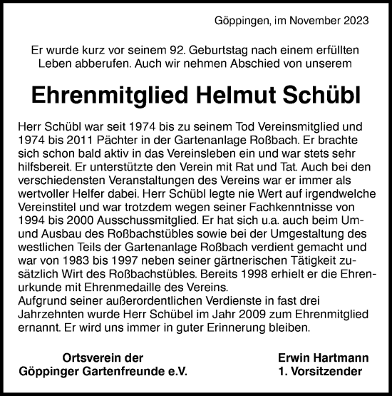 Traueranzeige von Helmut Schübl von NWZ Neue Württembergische Zeitung