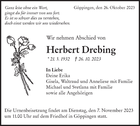 Traueranzeige von Herbert Drebing von NWZ Neue Württembergische Zeitung