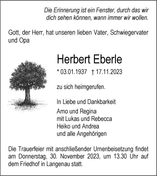 Traueranzeige von Herbert Eberle von SÜDWEST PRESSE Ausgabe Ulm/Neu-Ulm