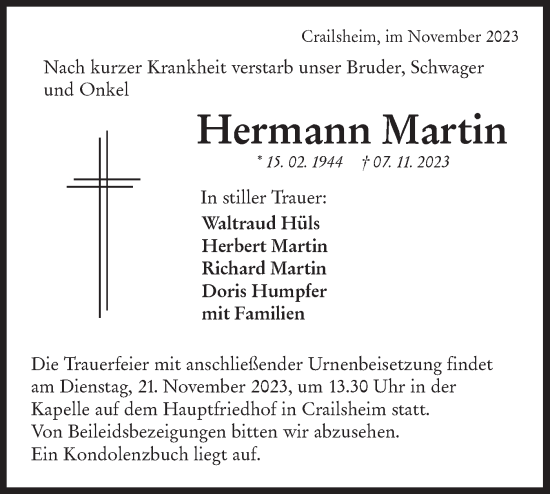 Traueranzeige von Hermann Martin von Hohenloher Tagblatt