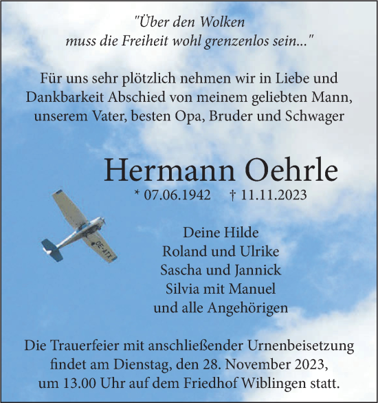 Traueranzeige von Hermann Oehrle von SÜDWEST PRESSE Ausgabe Ulm/Neu-Ulm