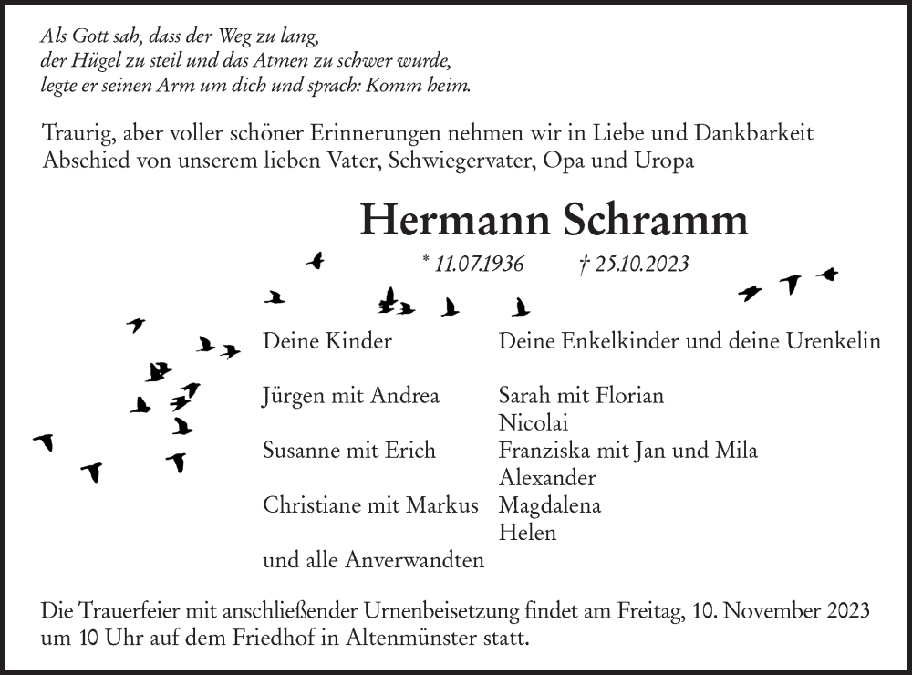  Traueranzeige für Hermann Schramm vom 04.11.2023 aus Hohenloher Tagblatt