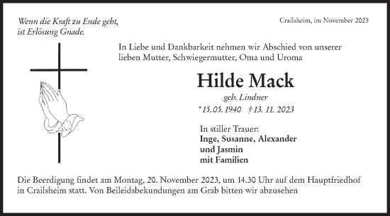 Traueranzeige von Hilde Mack von Hohenloher Tagblatt