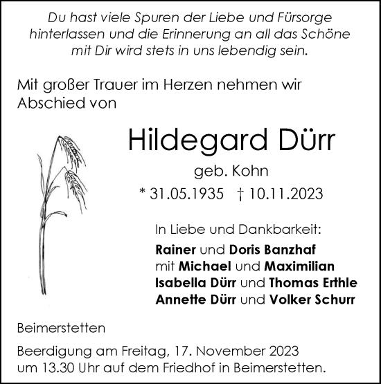 Traueranzeige von Hildegard Dürr von SÜDWEST PRESSE Ausgabe Ulm/Neu-Ulm