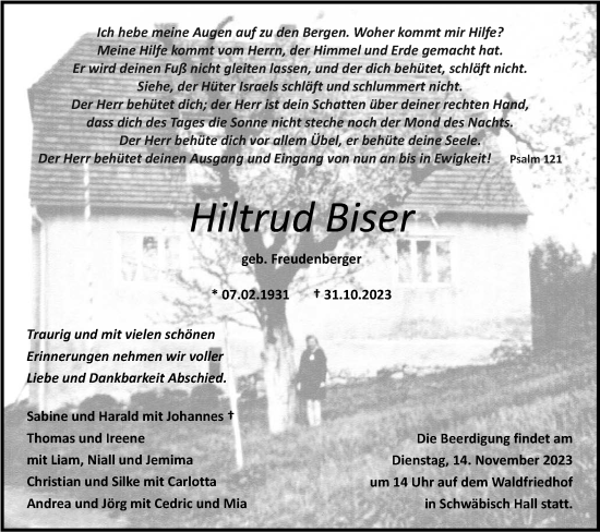 Traueranzeige von Hiltrud Biser von Haller Tagblatt