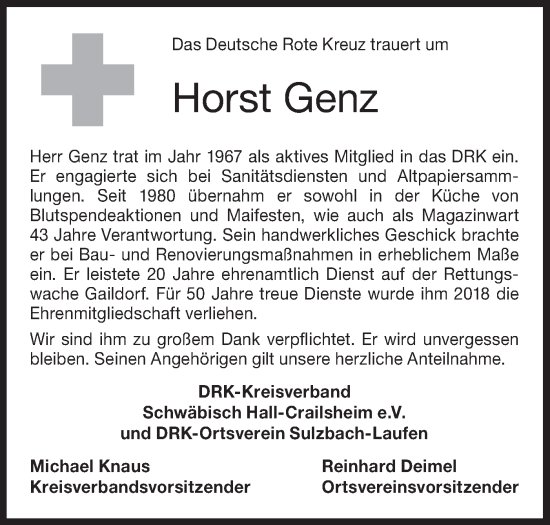 Traueranzeige von Horst Genz von Rundschau Gaildorf