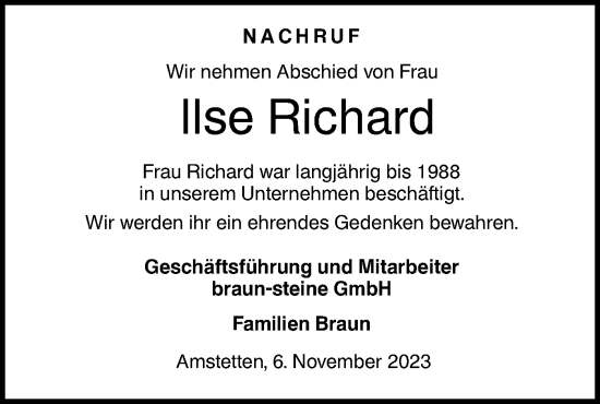 Traueranzeige von Ilse Richard von SÜDWEST PRESSE Ausgabe Ulm/Neu-Ulm