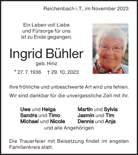 Traueranzeige von Ingrid Bühler von Geislinger Zeitung