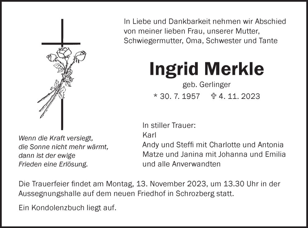  Traueranzeige für Ingrid Merkle vom 10.11.2023 aus Hohenloher Tagblatt