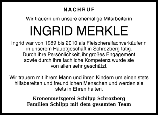 Traueranzeige von Ingrid Merkle von Hohenloher Tagblatt