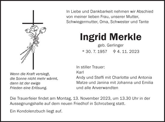 Traueranzeige von Ingrid Merkle von Hohenloher Tagblatt