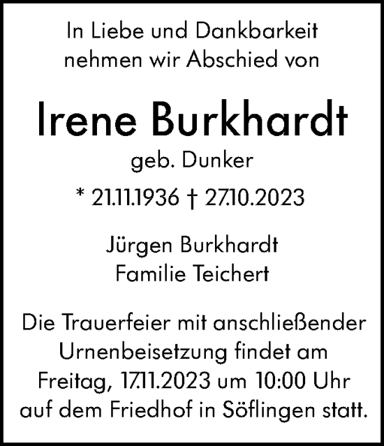 Traueranzeige von Irene Burkhardt von SÜDWEST PRESSE Ausgabe Ulm/Neu-Ulm