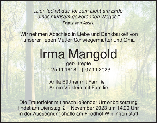 Traueranzeige von Irma Mangold von SÜDWEST PRESSE Ausgabe Ulm/Neu-Ulm