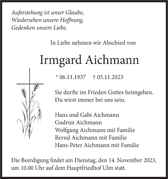 Traueranzeige von Irmgard Aichmann von SÜDWEST PRESSE Ausgabe Ulm/Neu-Ulm