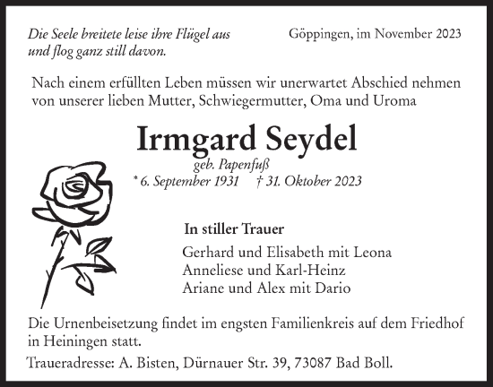 Traueranzeige von Irmgard Seydel von NWZ Neue Württembergische Zeitung