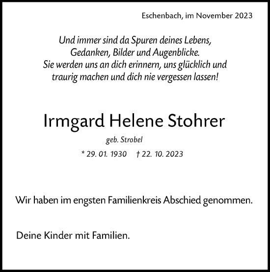 Traueranzeige von Irmgard Helene Stohrer von NWZ Neue Württembergische Zeitung