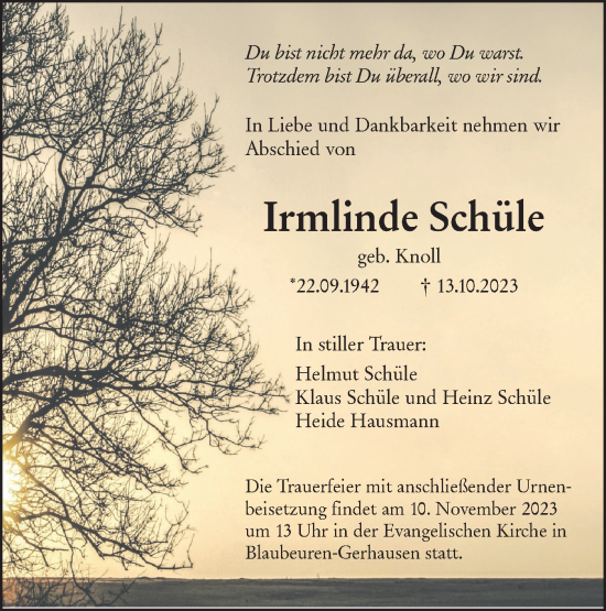 Traueranzeige von Irmlinde Schüle von Das Blaumännle