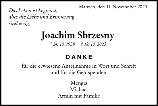 Traueranzeige von Joachim Sbrzesny von NWZ Neue Württembergische Zeitung