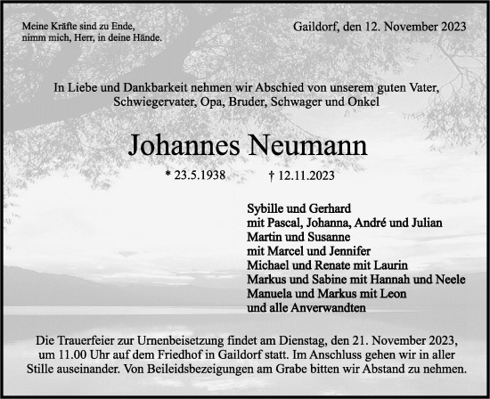 Traueranzeige von Johannes Neumann von Rundschau Gaildorf