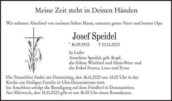 Traueranzeige von Josef Speidel von SÜDWEST PRESSE Ausgabe Ulm/Neu-Ulm