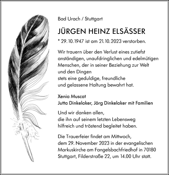 Traueranzeige von Jürgen Heinz Elsässer von SÜDWEST PRESSE/SÜDWEST PRESSE