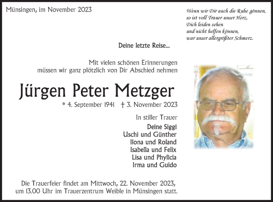 Traueranzeige von Jürgen Peter Metzger von Alb-Bote/Metzinger-Uracher Volksblatt