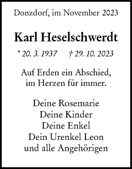 Traueranzeige von Karl Heselschwerdt von NWZ Neue Württembergische Zeitung