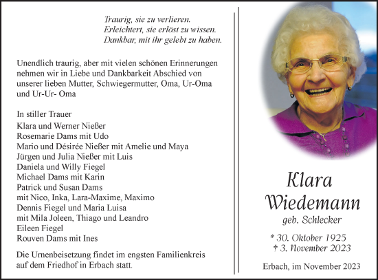 Traueranzeige von Klara Wiedemann von SÜDWEST PRESSE Ausgabe Ulm/Neu-Ulm