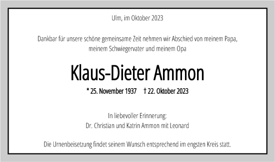 Traueranzeige von Klaus-Dieter Ammon von SÜDWEST PRESSE Ausgabe Ulm/Neu-Ulm