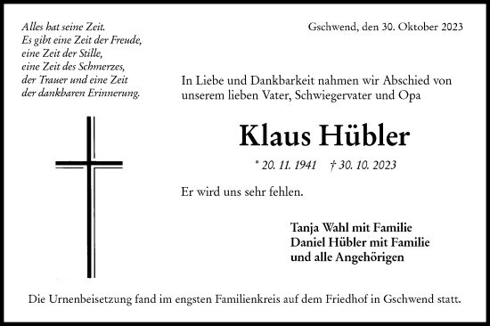 Traueranzeige von Klaus Hübler von Rundschau Gaildorf